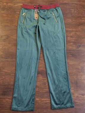 Prestige Original Men's Velour Green Track Pants with Red Waistband - Designer L